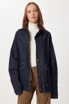 Kadife Yaka Uzun Denim Ceket KOYU MAVİ LRI0025