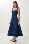 Kalın Askılı Midi Denim Elbise KOYU MAVİ LFG0037