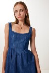 Kalın Askılı Midi Denim Elbise KOYU MAVİ LFG0038