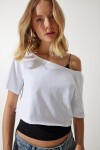 Kayık Yaka Basic Crop 2li Paket Örme T-shirt BEYAZ SİYAH LOW0016