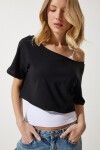 Kayık Yaka Basic Crop 2li Paket Örme T-shirt BEYAZ SİYAH LOW0016