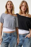 Kayık Yaka Basic Crop 2li Paket Örme T-shirt SİYAH GRİ MELANJ LOW0016