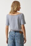 Kayık Yaka Basic Crop 2li Paket Örme T-shirt SİYAH GRİ MELANJ LOW0016