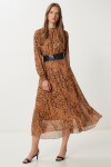 Kemerli Desenli Volanlı Şifon Elbise CAMEL SİYAH LFG0051