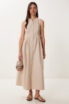 Kolsuz Midi Poplin Gömlek Elbise KREM LMX0093