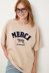 Nakış İşlemeli Kabartmalı Örme T-shirt BEJ LKT0009