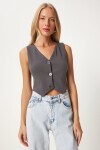 V Yaka Likralı Crop Örme Yelek GRİ LRV0060