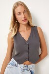 V Yaka Likralı Crop Örme Yelek GRİ LRV0060