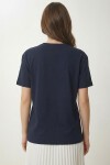 Ayıcık Armalı Baskılı Oversize Örme T-shirt LACİVERT LMC0088