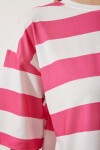 Bisiklet Yaka Çizgili Crop Örme T-shirt BEYAZ PEMBE LHF0007
