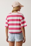 Bisiklet Yaka Çizgili Crop Örme T-shirt BEYAZ PEMBE LHF0007