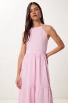 Halter Yaka Volanlı Yazlık Keten Elbise ŞEKER PEMBE LGP0015