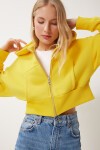 Kapüşonlu Şardonlu Fermuarlı Sweatshirt SARI LOW0019