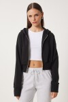 Kapüşonlu Şardonlu Fermuarlı Sweatshirt SİYAH LOW0019