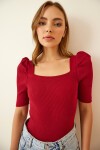 Kare Yaka Fitilli Crop Bluz BORDO LGT0011