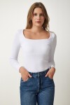Kare Yaka Fitilli Örme Bluz BEYAZ LGT0010