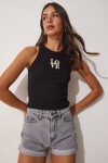 2li Halter Yaka Nakışlı Fitilli Crop Örme Bluz SİYAH KREM LUS0003