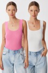 2li Kare Yaka Kalın Askılı Triko Bluz BEYAZ PEMBE LUS0001