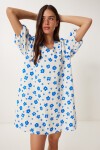 Balon Kollu Desenli Poplin Elbise KEMİK MAVİ LRC0004