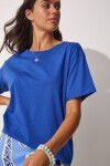 Bisiklet Yaka Pamuklu Bol Örme T-Shirt MAVİ LUB0050