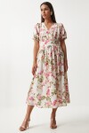 Çiçekli V Yaka Yazlık Viskon Elbise EKRU PEMBE LWF0001