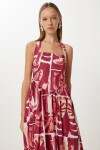 Desenli Yazlık Midi Poplin Elbise BORDO SARI LUB0139