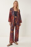 Desenli Yazlık Viskon Kimono Pantolon Takım KİREMİT MOR LRN0013