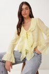 Dokulu Volanlı Hafif Transparan Modal Bluz SARI LMX0099