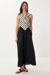 Halter Yaka Midi Dokuma Elbise SİYAH KREM LRW0001