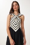 Halter Yaka Midi Dokuma Elbise SİYAH KREM LRW0001