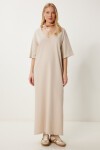 Oversize Basic Yazlık Esnek Örme Elbise BEJ LUB0113