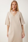 Oversize Basic Yazlık Esnek Örme Elbise BEJ LUB0113