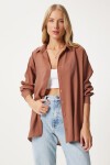 Oversize Uzun Keten Ayrobin Gömlek KAHVERENGİ LTO0015