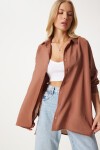 Oversize Uzun Keten Ayrobin Gömlek KAHVERENGİ LTO0015