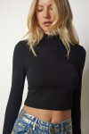 2li Dik Yaka Fitilli Kaşkorse Crop Bluz SİYAH BİSKÜVİ LUB0020