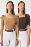 2li Paket Kare Yaka Fitilli Crop Bluz KAHVERENGİ BİSKÜVİ LGT0028
