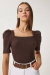 2li Paket Kare Yaka Fitilli Crop Bluz KAHVERENGİ BİSKÜVİ LGT0028