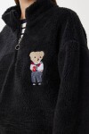 Ayıcık İşlemeli Fermuarlı Peluş Sweatshirt SİYAH LZH0014