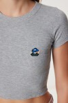 Ayıcık Nakışlı Fitilli Örme Crop T-shirt GRİ LZH0015
