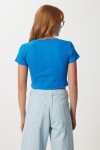 Ayıcık Nakışlı Fitilli Örme Crop T-shirt KOYU MAVİ LZH0015