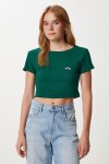 Ayıcık Nakışlı Fitilli Örme Crop T-shirt ZÜMRÜT YEŞİLİ LZH0015