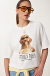 Baskılı Rahat Örme T-shirt EKRU LUS0144
