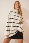 Çizgili Oversize Uzun Triko Kazak KREM LYY0088