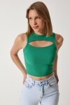 Cut Out Detaylı Fitilli Crop Örme Bluz YEŞİL LKH0004
