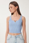 Gold Aksesuarlı Crop Fitilli Triko Bluz GÖK MAVİ LKİ0028
