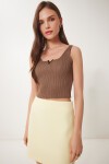 Gold Aksesuarlı Crop Fitilli Triko Bluz KAHVERENGİ LKİ0028
