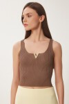 Gold Aksesuarlı Crop Fitilli Triko Bluz KAHVERENGİ LKİ0028