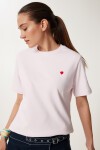 Kalp Nakışlı Pamuklu Örme T-shirt PUDRA LUS0145