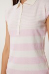 Polo Yaka Çizgili Yazlık Triko Elbise PEMBE KEMİK LKİ0033