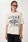 Vintage Baskılı Pamuklu Örme T-shirt KREM LUS0141